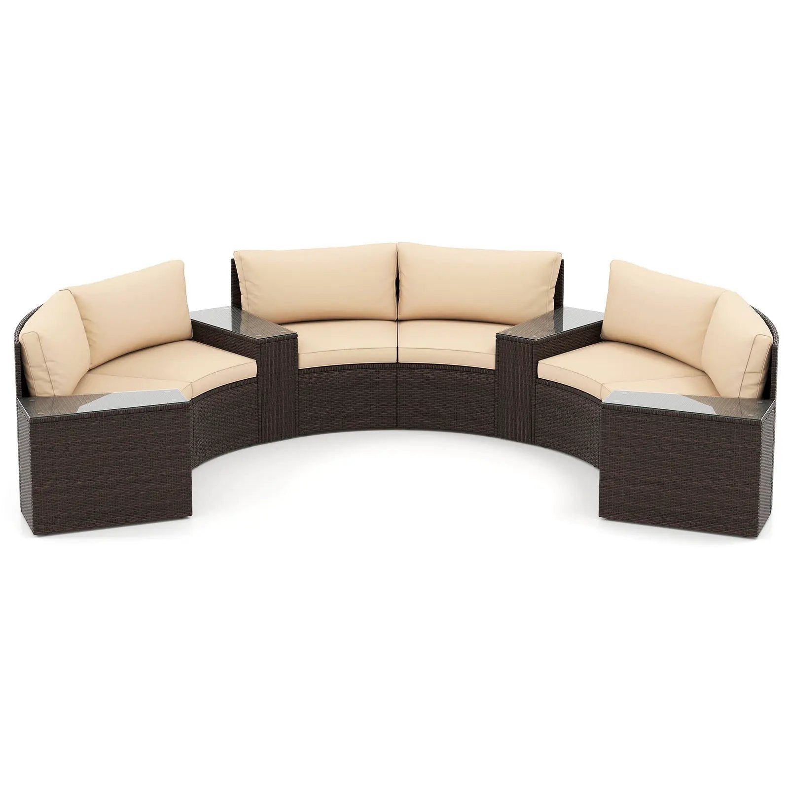 7 Pieces Patio Furniture Set PE Rattan Half-Moon Curved Sofas with Side Tables-Brown by DirectDeals