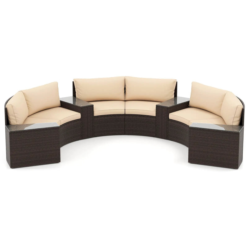 7 Pieces Patio Furniture Set PE Rattan Half-Moon Curved Sofas with Side Tables-Brown by DirectDeals