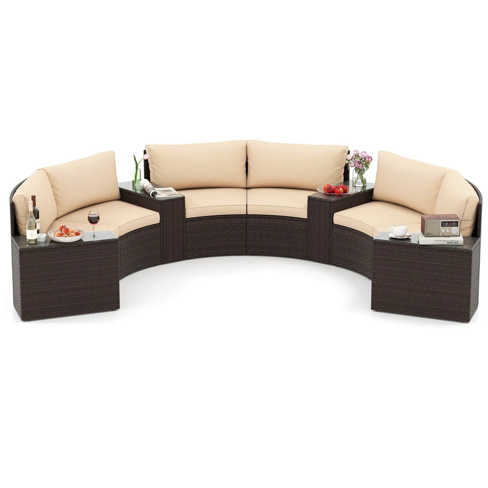 7 Pieces Patio Furniture Set PE Rattan Half-Moon Curved Sofas with Side Tables-Brown by DirectDeals