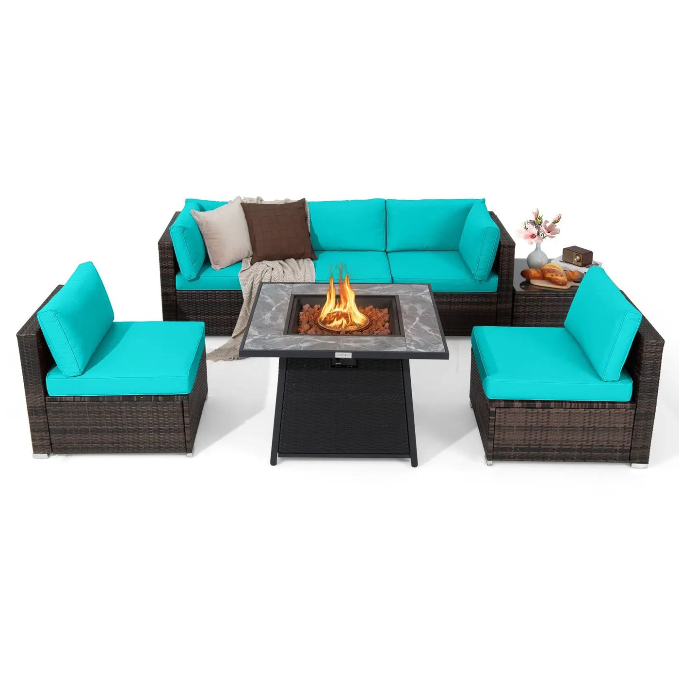 7 Pieces Patio Furniture Set with 35 Inches 50000 BTU Propane Gas Fire Pit Table and Waterproof Cover for Firpit by DirectDeals