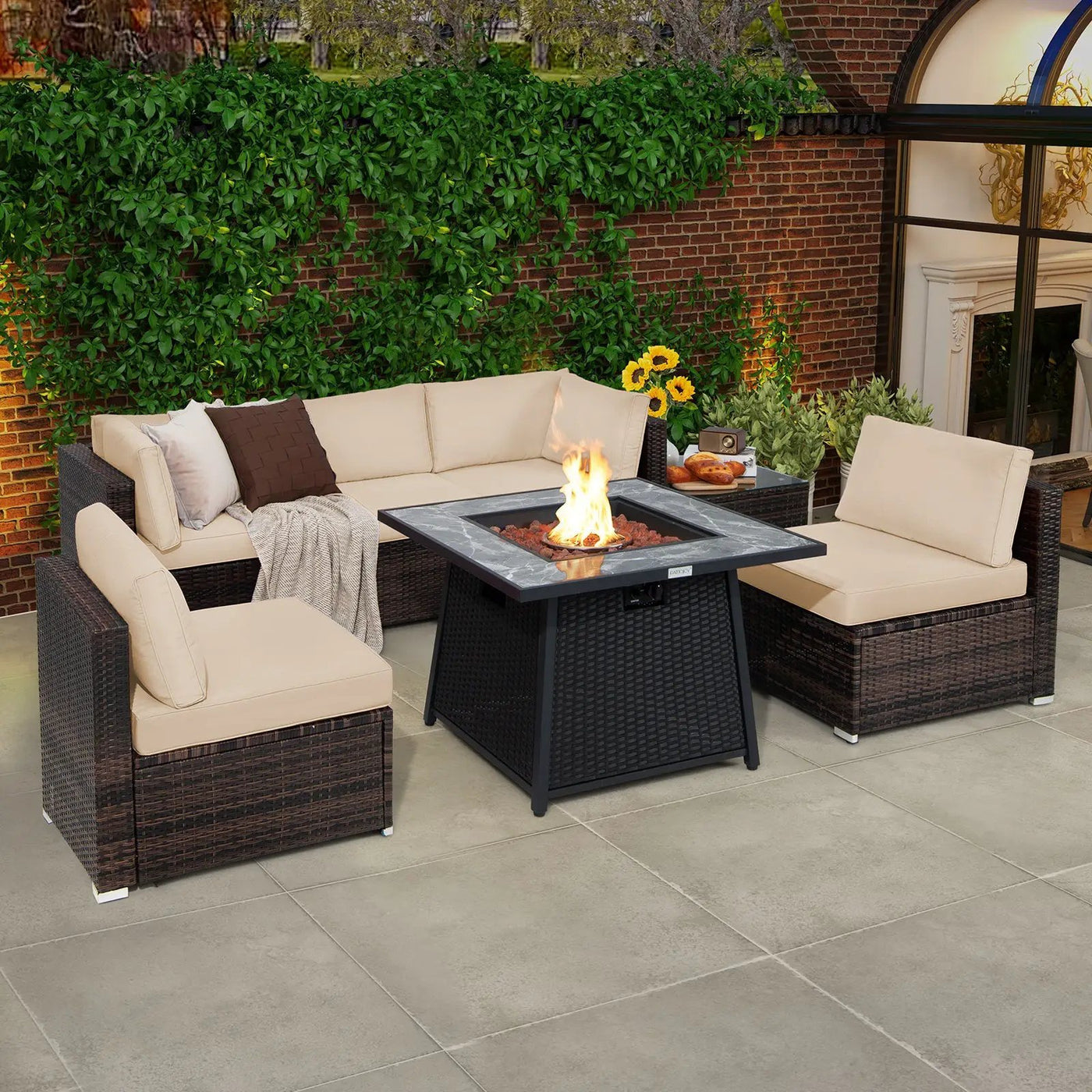 7 Pieces Patio Furniture Set with 35 Inches 50000 BTU Propane Gas Fire Pit Table and Waterproof Cover for Firpit by DirectDeals