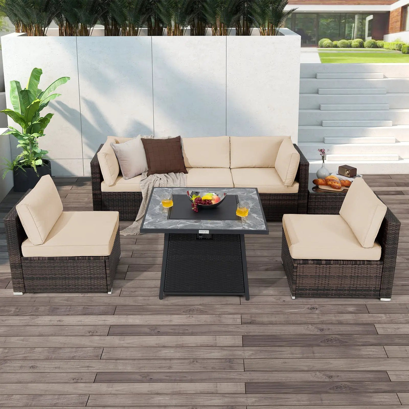 7 Pieces Patio Furniture Set with 35 Inches 50000 BTU Propane Gas Fire Pit Table and Waterproof Cover for Firpit by DirectDeals