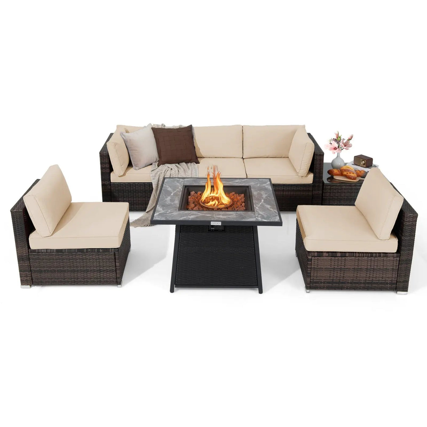 7 Pieces Patio Furniture Set with 35 Inches 50000 BTU Propane Gas Fire Pit Table and Waterproof Cover for Firpit by DirectDeals