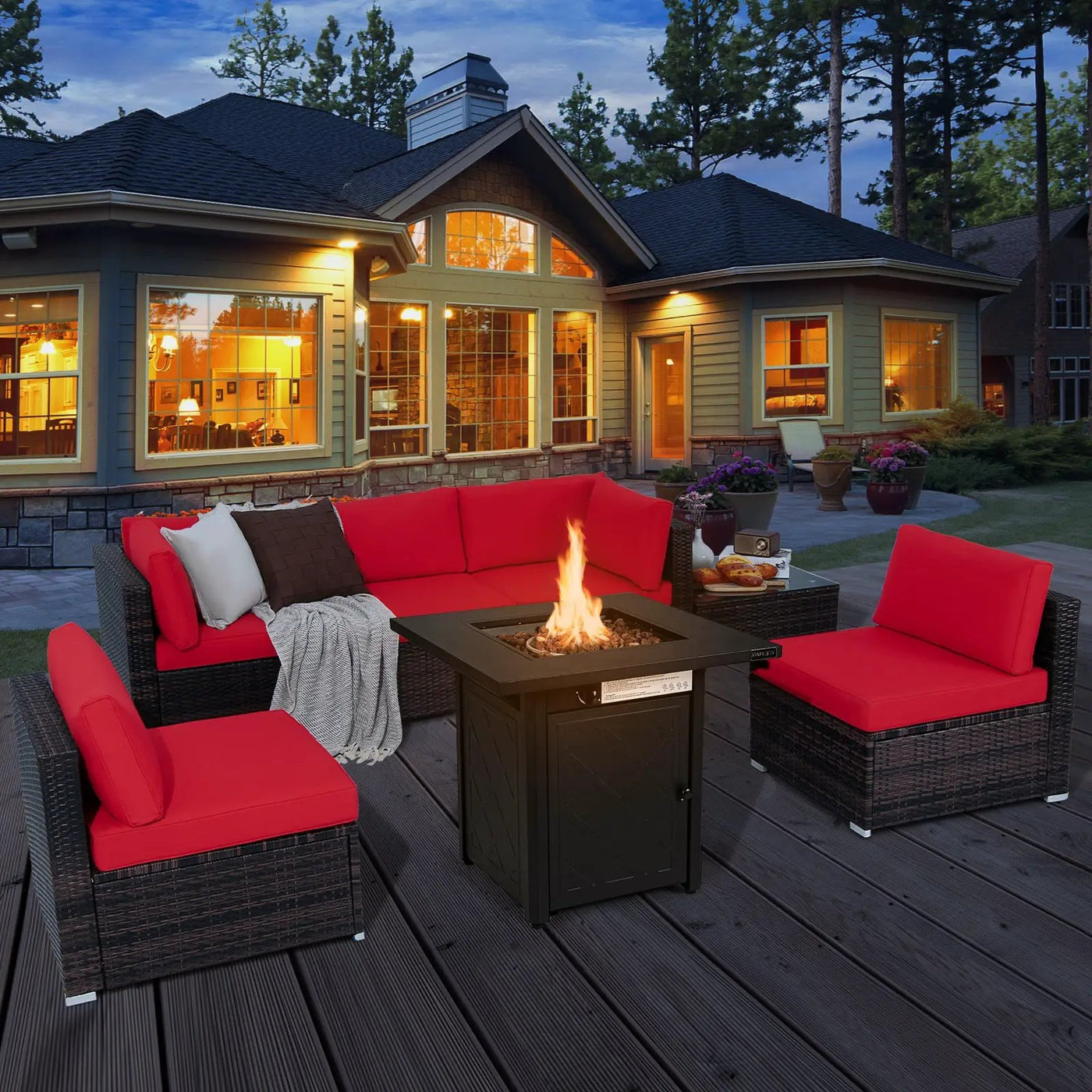 7 Pieces Patio Furniture Set with 28 Inches 50000 BTU Propane Gas Fire Pit Table by DirectDeals