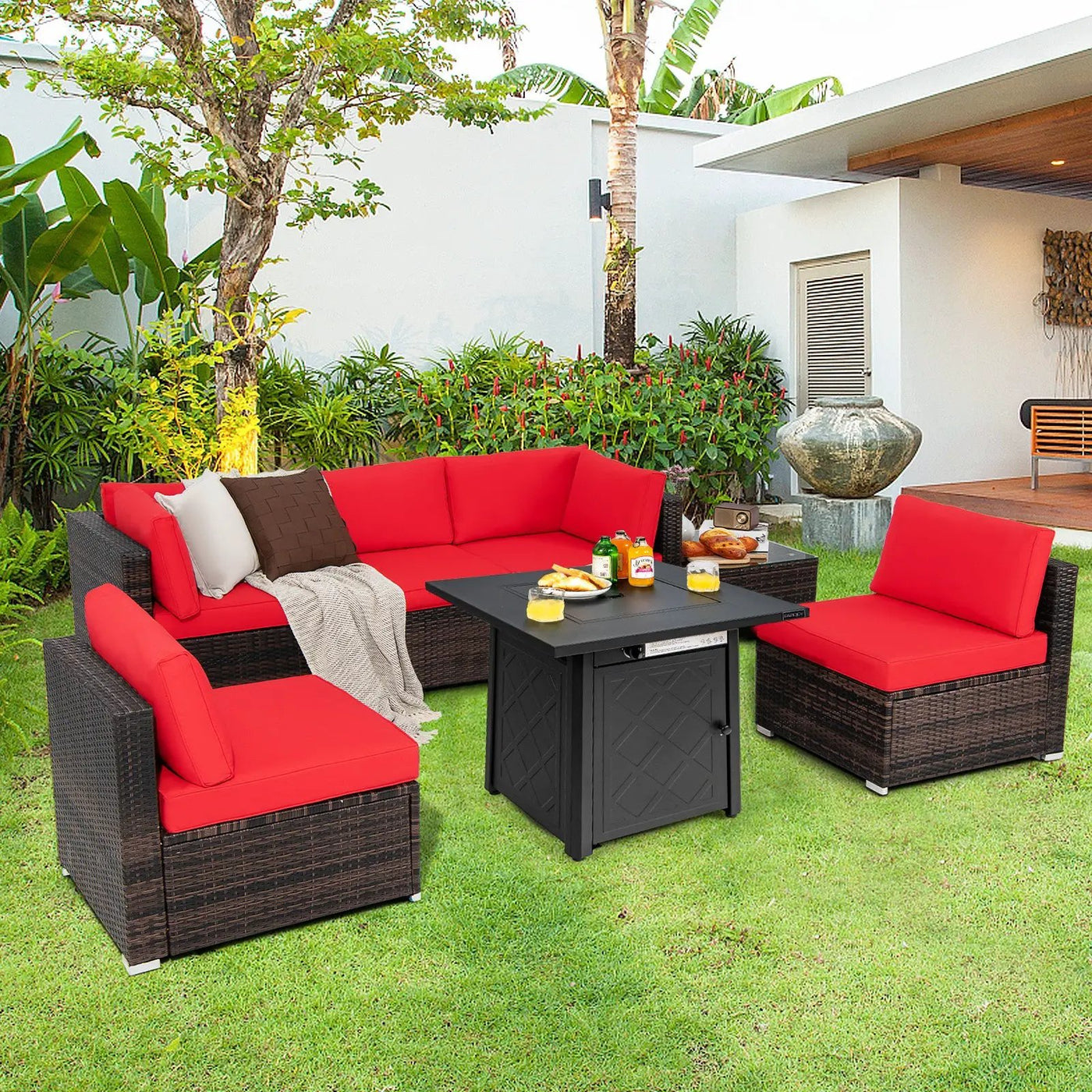 7 Pieces Patio Furniture Set with 28 Inches 50000 BTU Propane Gas Fire Pit Table by DirectDeals