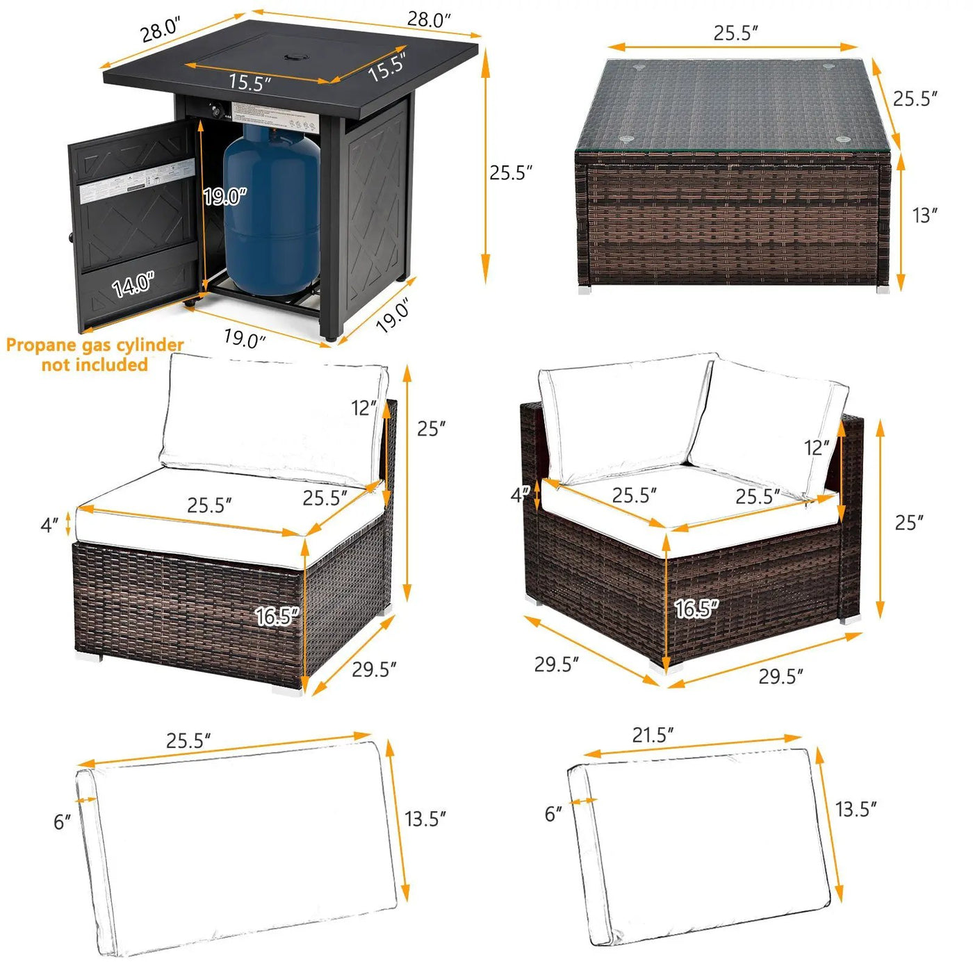 7 Pieces Patio Furniture Set with 28 Inches 50000 BTU Propane Gas Fire Pit Table by DirectDeals
