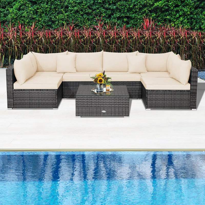 7 Pieces Patio Rattan Furniture Set Sectional Sofa Garden Cushion by DirectDeals