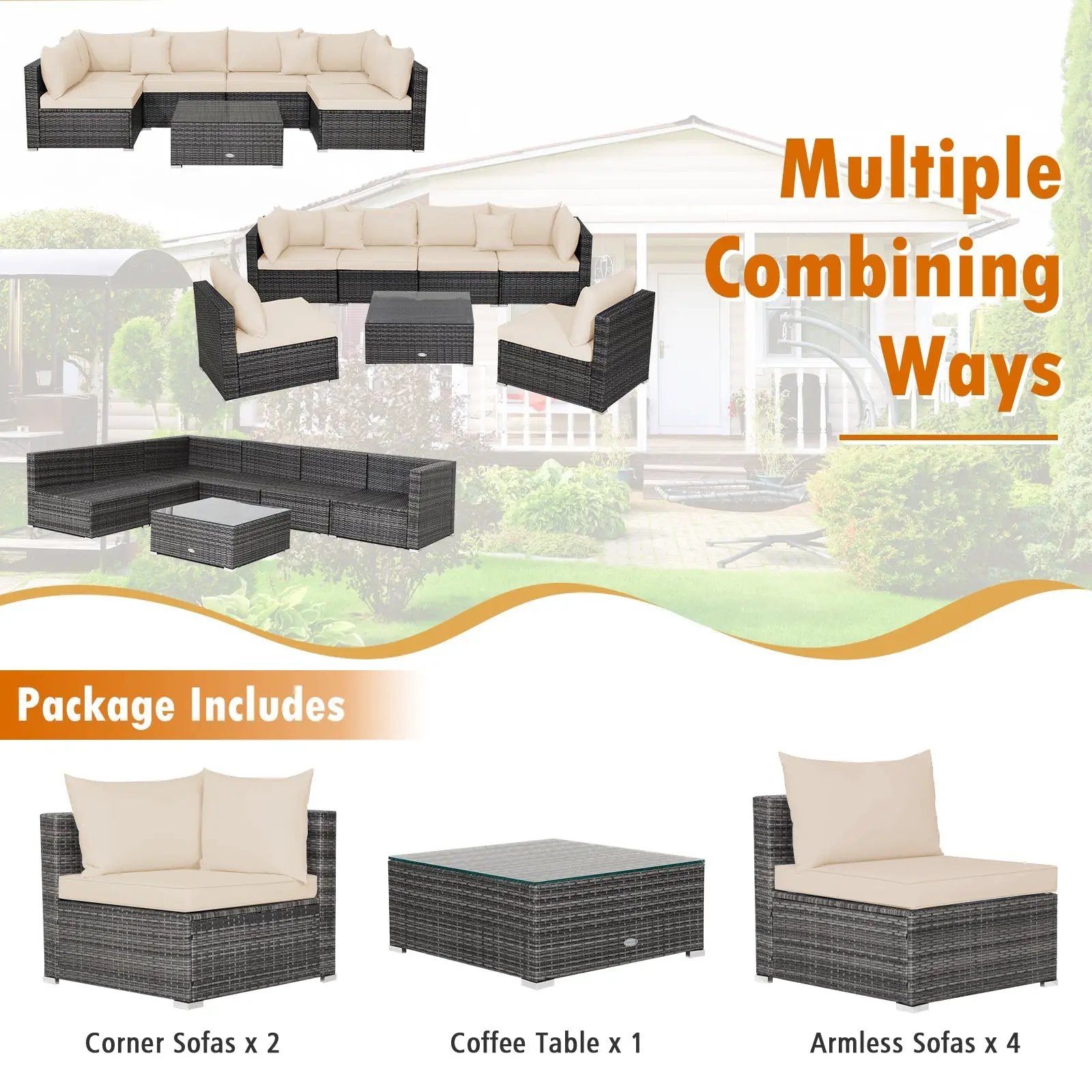 7 Pieces Patio Rattan Furniture Set Sectional Sofa Garden Cushion by DirectDeals
