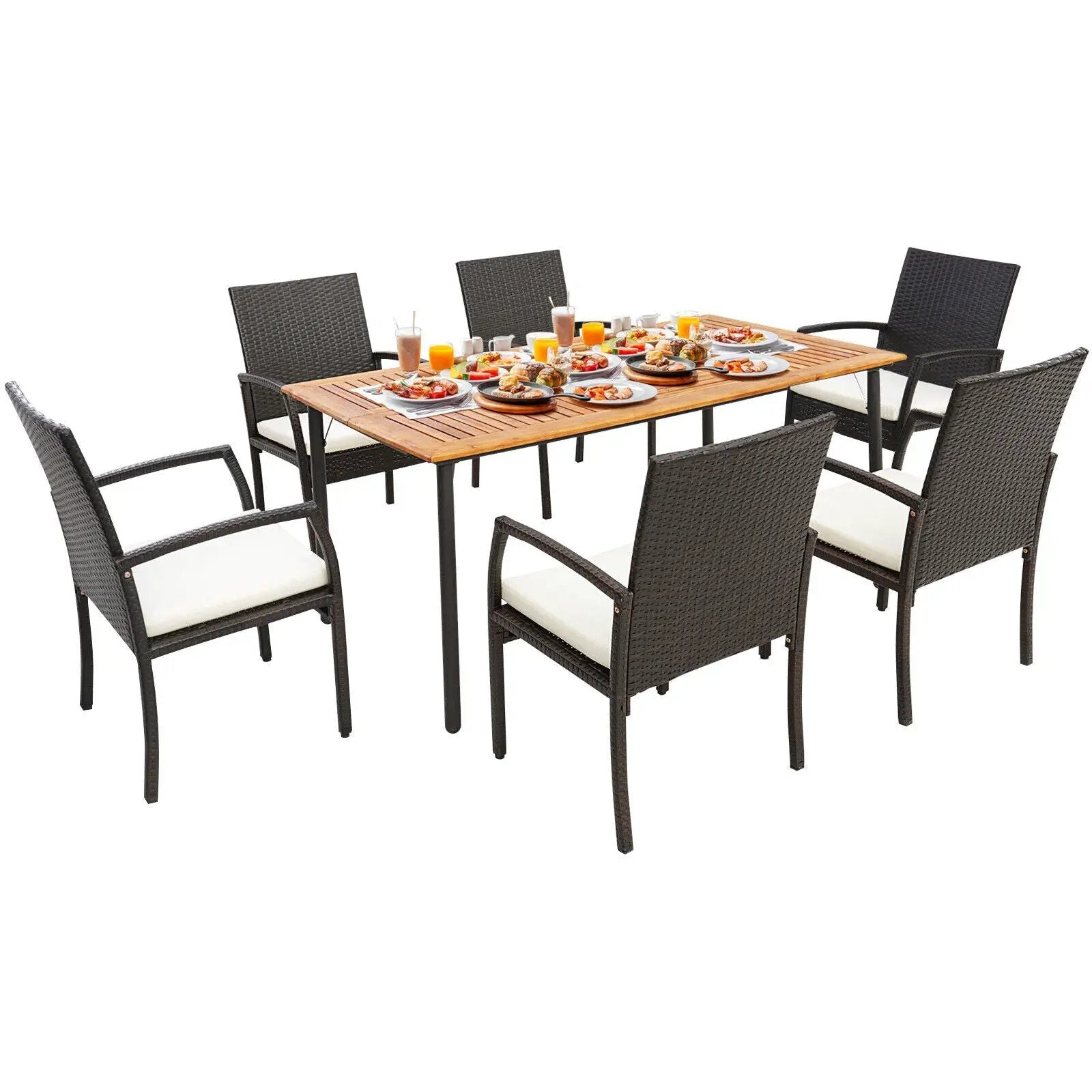 7 Pieces Patio Wicker Cushioned Dining Set with Umbrella Hole by DirectDeals