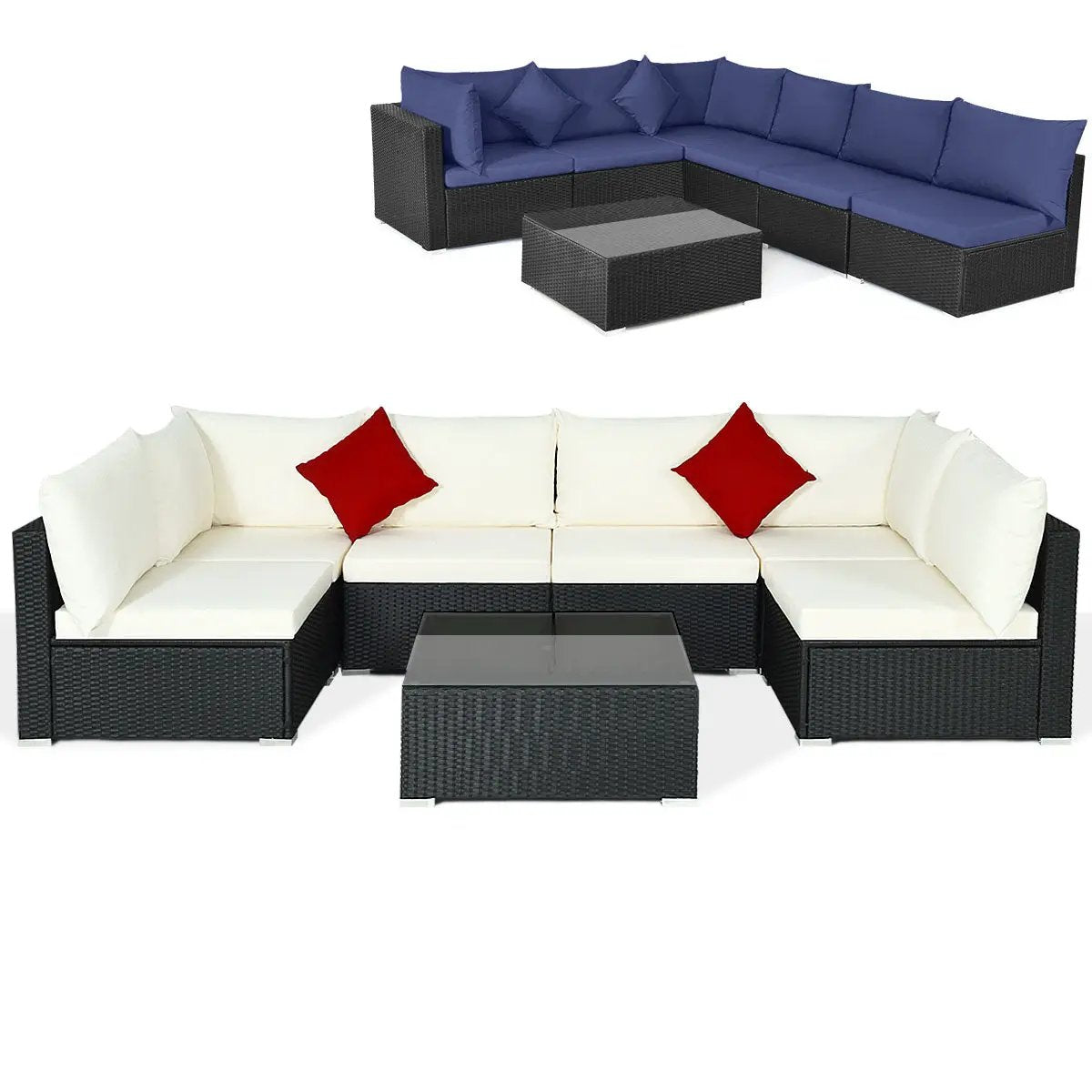 7 Pieces Sectional Wicker Furniture Sofa Set with Tempered Glass Top-Red by DirectDeals