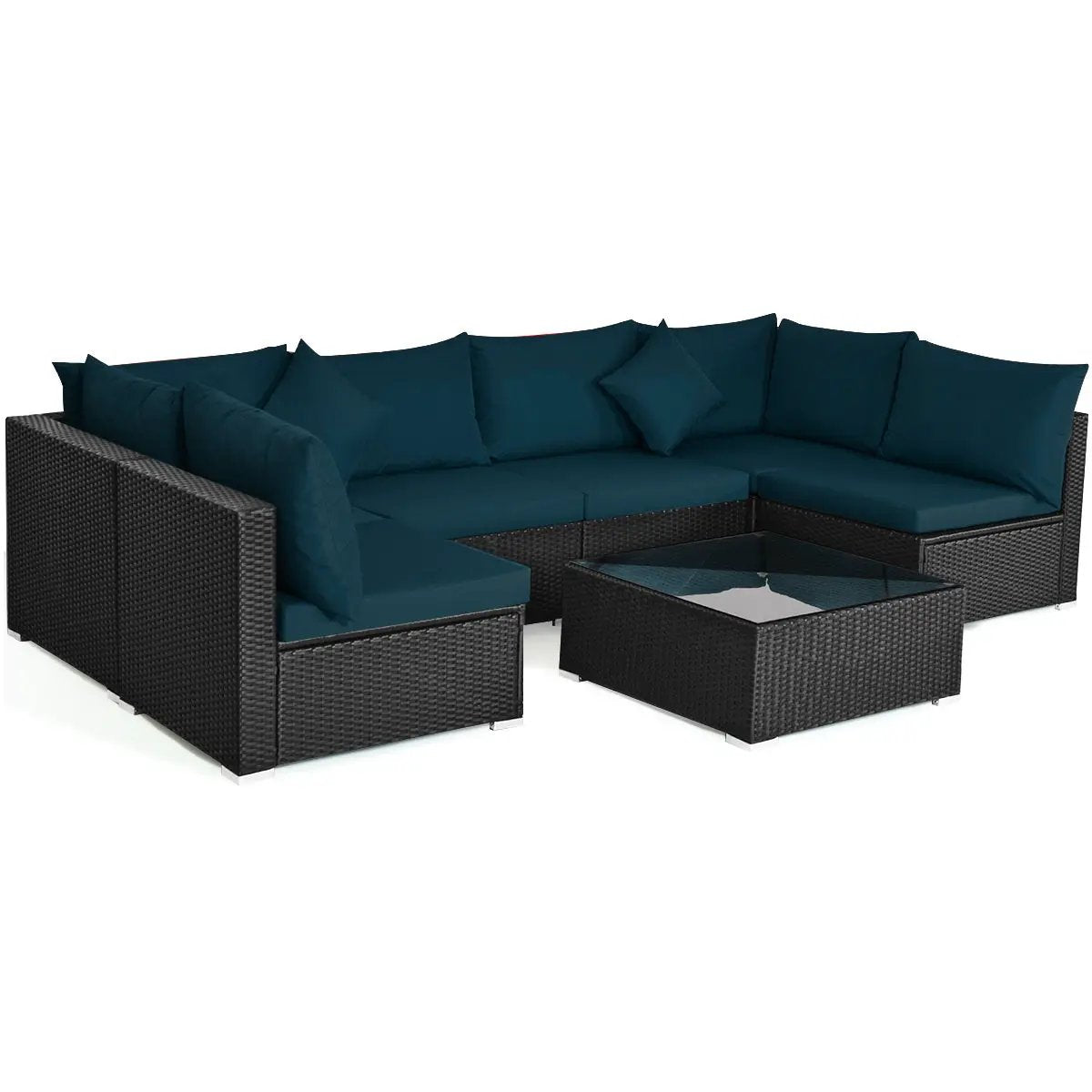 7 Pieces Sectional Wicker Furniture Sofa Set with Tempered Glass Top-Red by DirectDeals