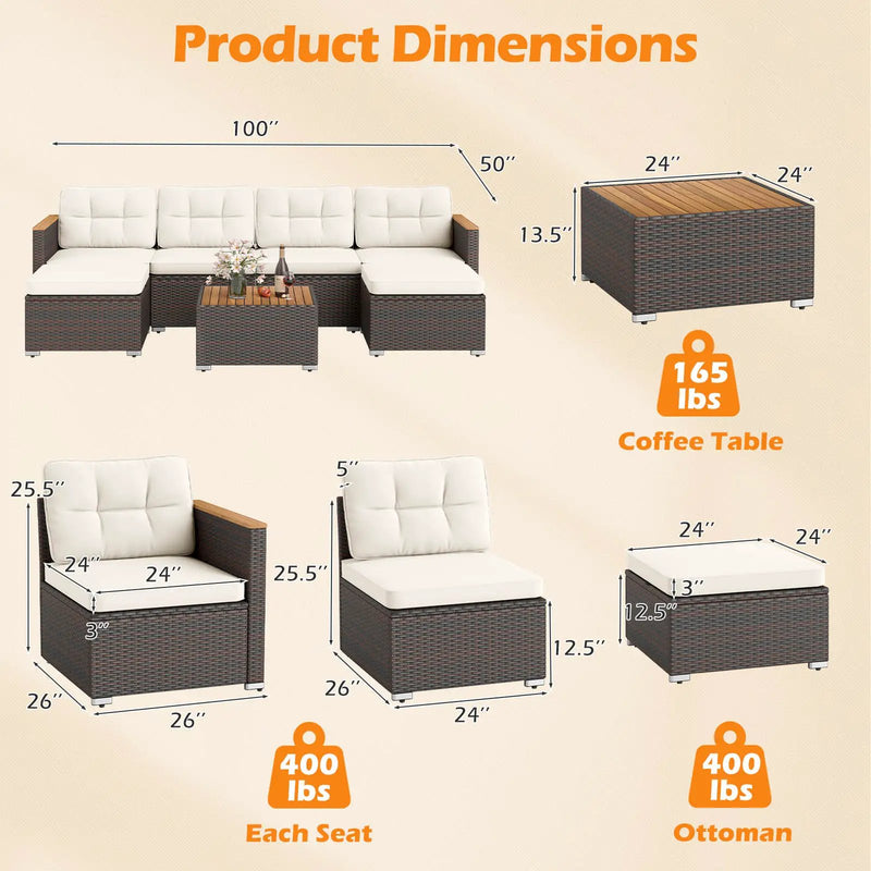 7 Pieces Wicker Conversation Set with Wood Armrests for Backyard-White by DirectDeals