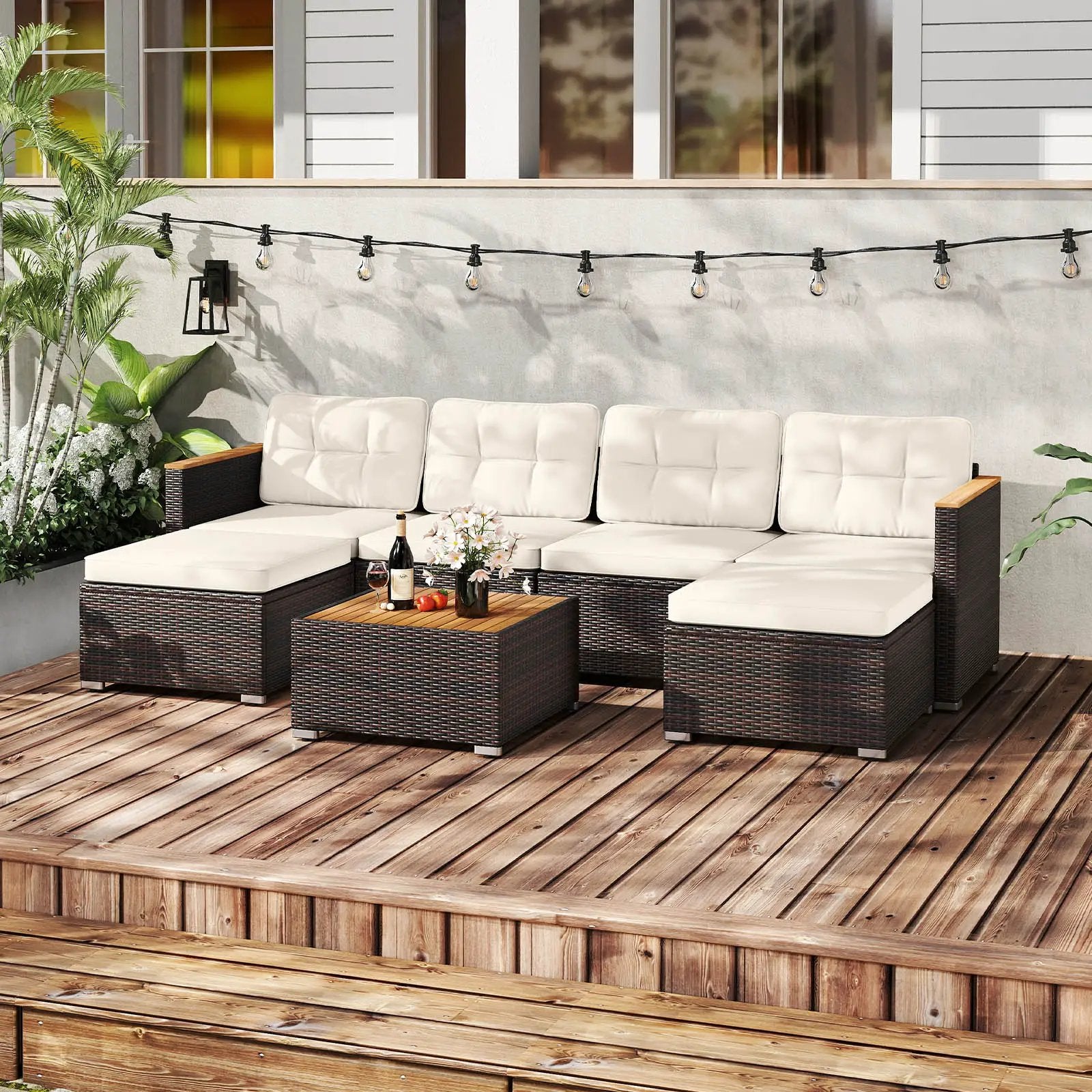 7 Pieces Wicker Conversation Set with Wood Armrests for Backyard-White by DirectDeals