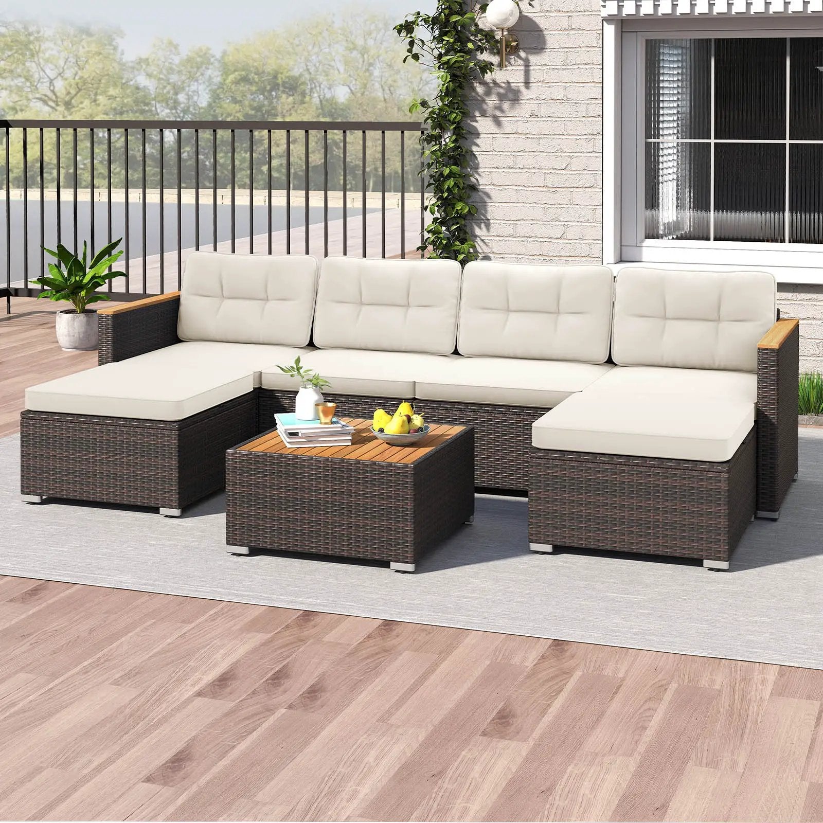 7 Pieces Wicker Conversation Set with Wood Armrests for Backyard-White by DirectDeals