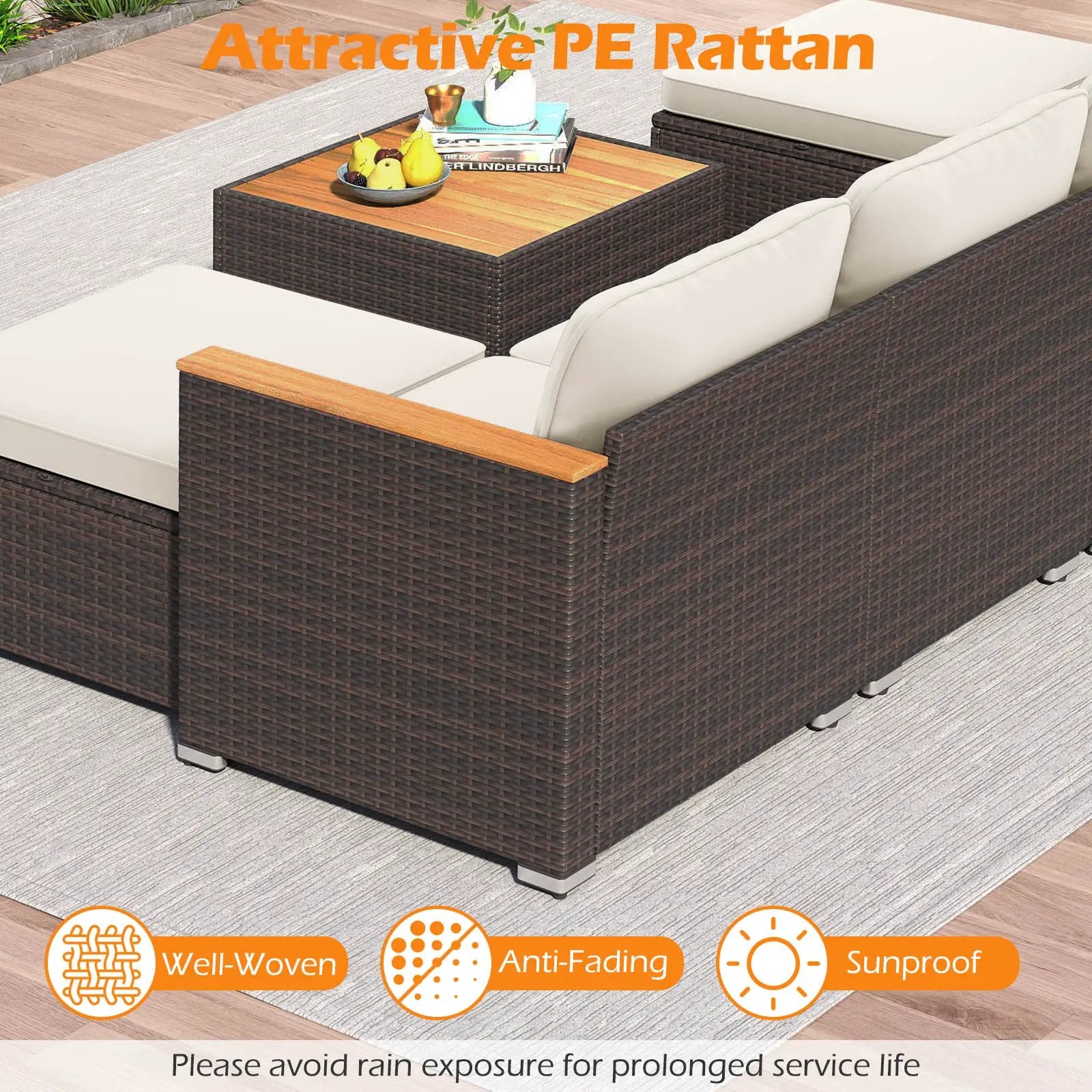 7 Pieces Wicker Conversation Set with Wood Armrests for Backyard-White by DirectDeals