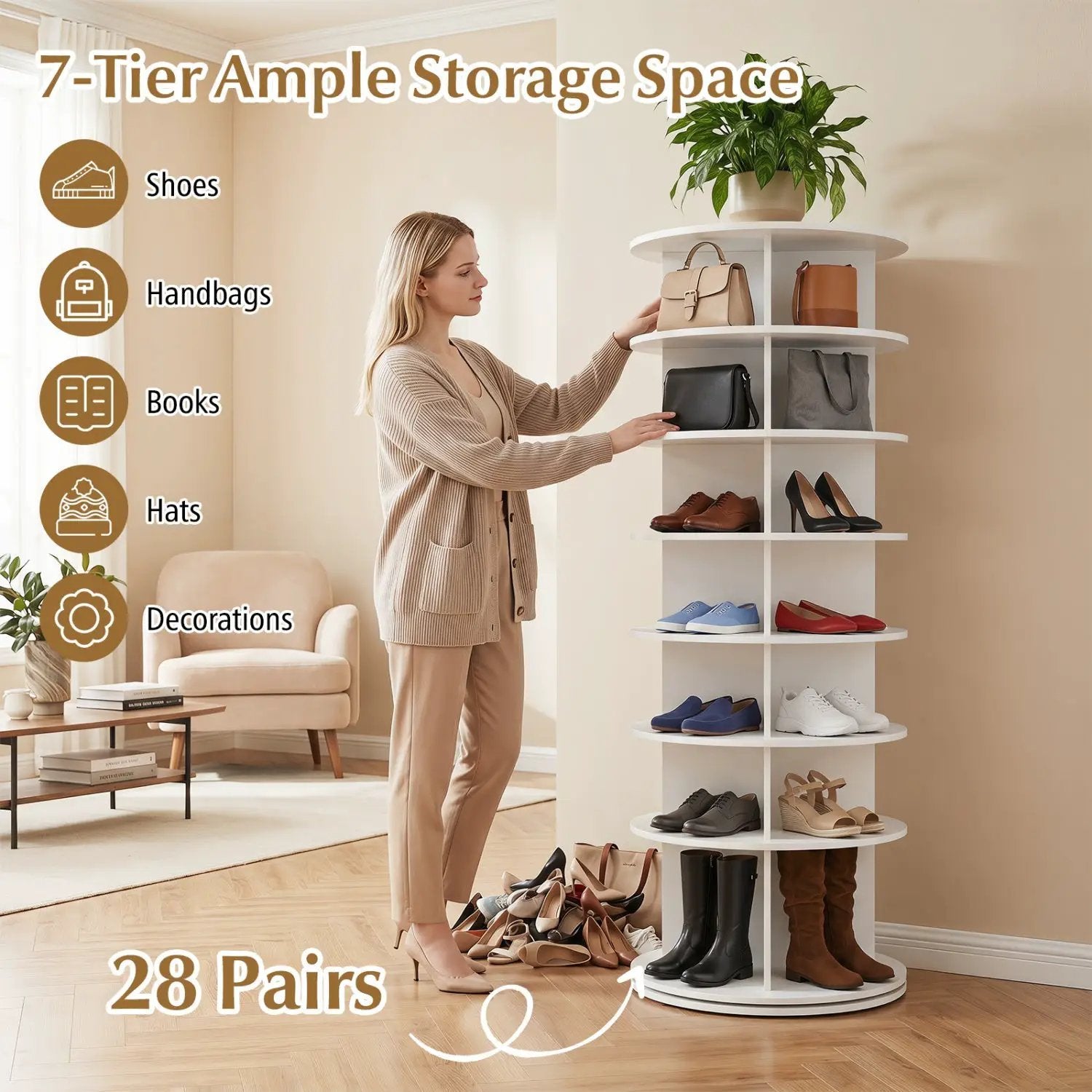 7-Tier Rotating Shoe Rack Tower with 360° Spin - White by DirectDeals