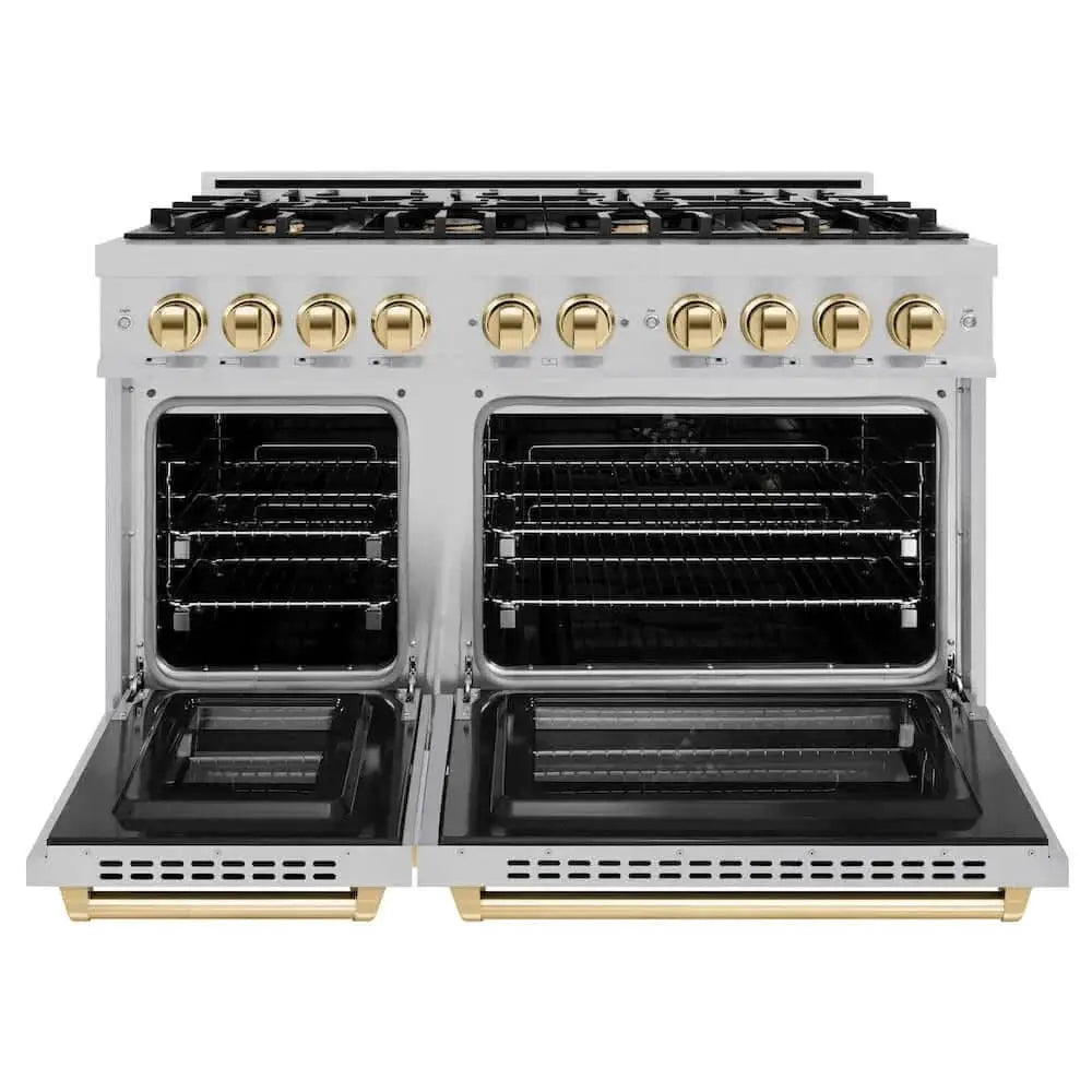 ZLINE 48" Select Dual Fuel Range Gas Cooktop Electric Convection Oven DuraSnow® Stainless Steel Gold HDRSZ-48-G by Farmhouse Kitchen and Bath