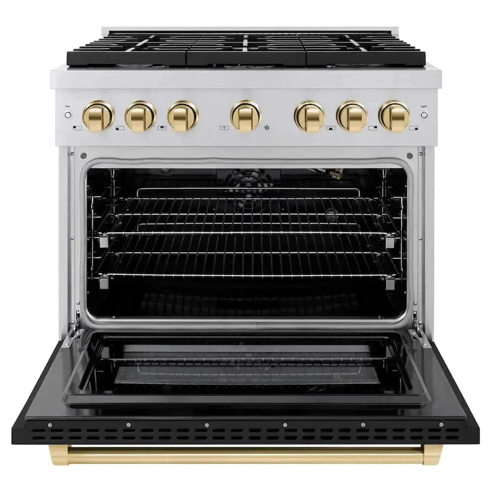 ZLINE 36"Gas Range, Convection Oven Black Matte, Gold, SGRSZ-BLM-36-G by Farmhouse Kitchen and Bath