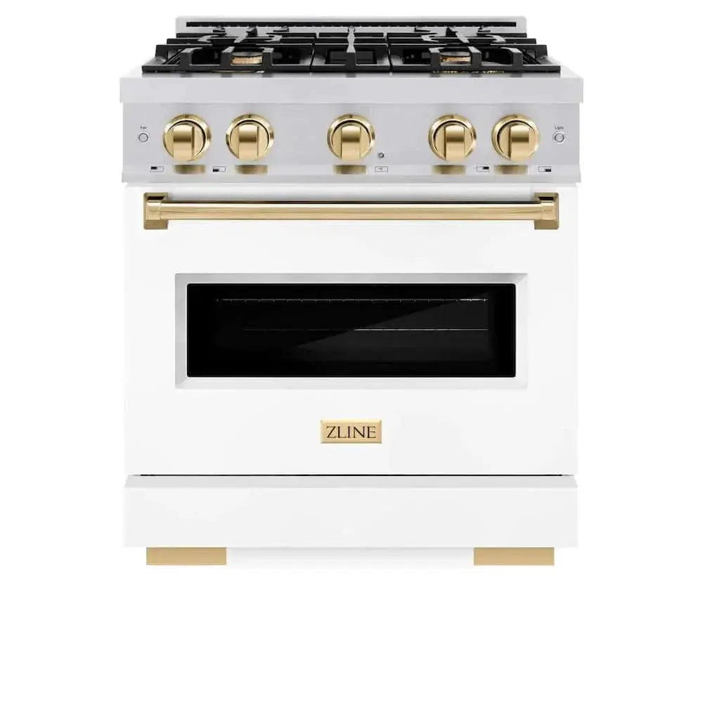 ZLINE 30" Dual Fuel Range, Gas Cooktop, Electric Convection Oven Stainless Steel, White Matte Polished Gold CDRZ-WM-30-G by Farmhouse Kitchen and Bath