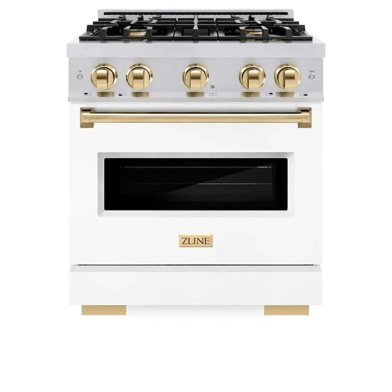 ZLINE 30" Dual Fuel Range, Gas Cooktop, Electric Convection Oven Stainless Steel, White Matte Polished Gold CDRZ-WM-30-G by Farmhouse Kitchen and Bath