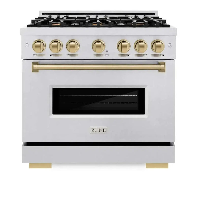 ZLINE 36" Dual Fuel Range, Gas Cooktop, Electric Convection Oven DuraSnow® Stainless Steel, Champagne Bronze CDRSZ-36-CB by Farmhouse Kitchen and Bath
