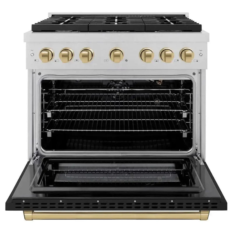 ZLINE 36"Gas Range, Convection Gas Oven, DuraSnow® Black Matte, Champagne Bronze SGRSZ-BLM-36-CB by Farmhouse Kitchen and Bath