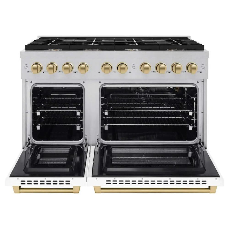 ZLINE 48"Gas Range, Convection Gas Oven, DuraSnow® White Matte, Champagne Bronze SGRSZ-WM-48-CB by Farmhouse Kitchen and Bath