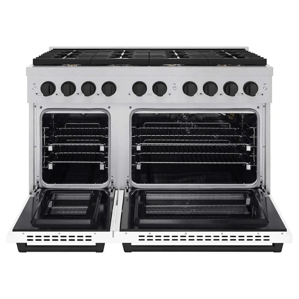 ZLINE 48"Gas Range, Convection Gas Oven, DuraSnow® White Matte, Matte Black SGRSZ-WM-48-MB by Farmhouse Kitchen and Bath