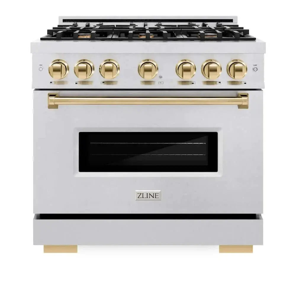 ZLINE 36" Dual Fuel Range, Gas Cooktop, Electric Convection Oven DuraSnow® Stainless Steel, Gold CDRSZ-36-G by Farmhouse Kitchen and Bath