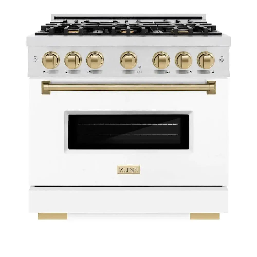 ZLINE 36"Classic Gas Range, Convection Gas Oven, DuraSnow® Stainless Steel, White Matte Door Champagne Bronze CGRSZ-WM-36-CB by Farmhouse Kitchen and Bath