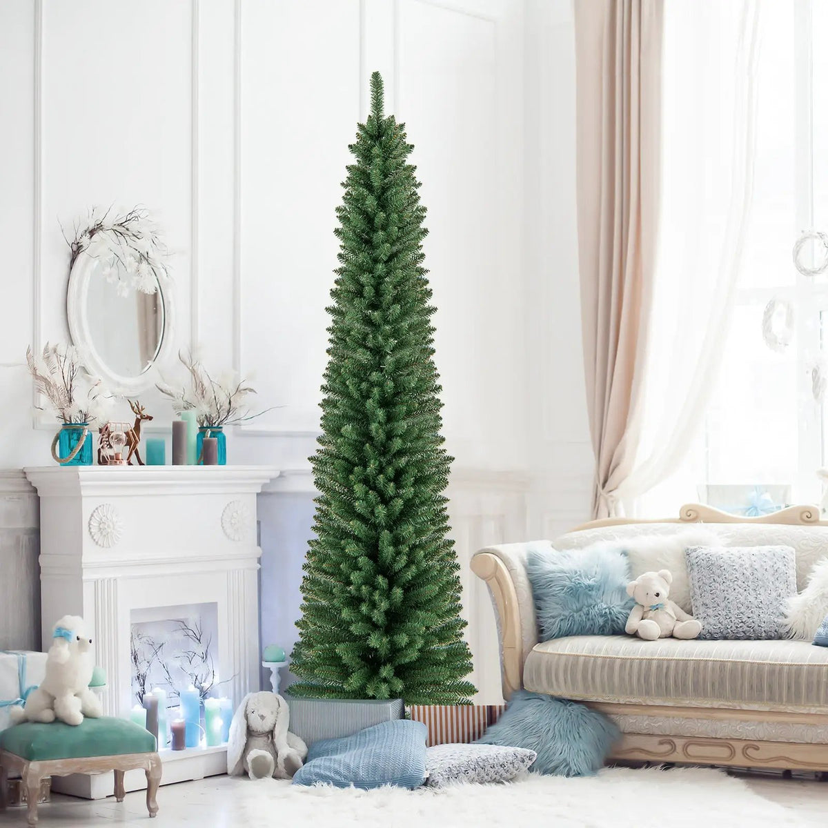5/6/7/8 Feet Pencil Christmas Tree with 295/392/523/671 Memory Wire Branch Tips and Upgraded Metal Stand by DirectDeals