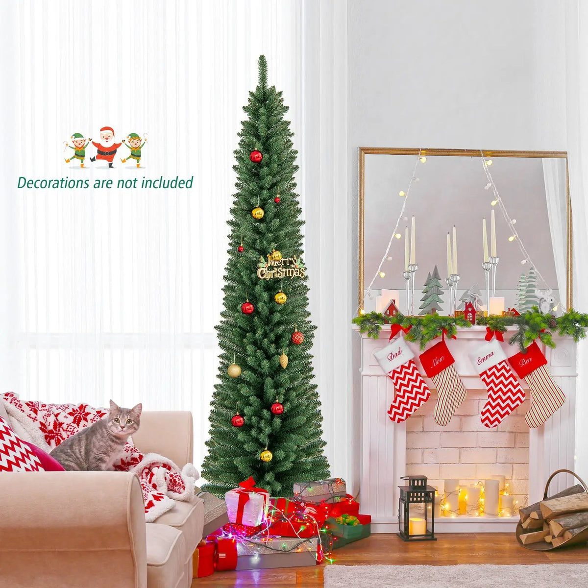 5/6/7/8 Feet Pencil Christmas Tree with 295/392/523/671 Memory Wire Branch Tips and Upgraded Metal Stand by DirectDeals