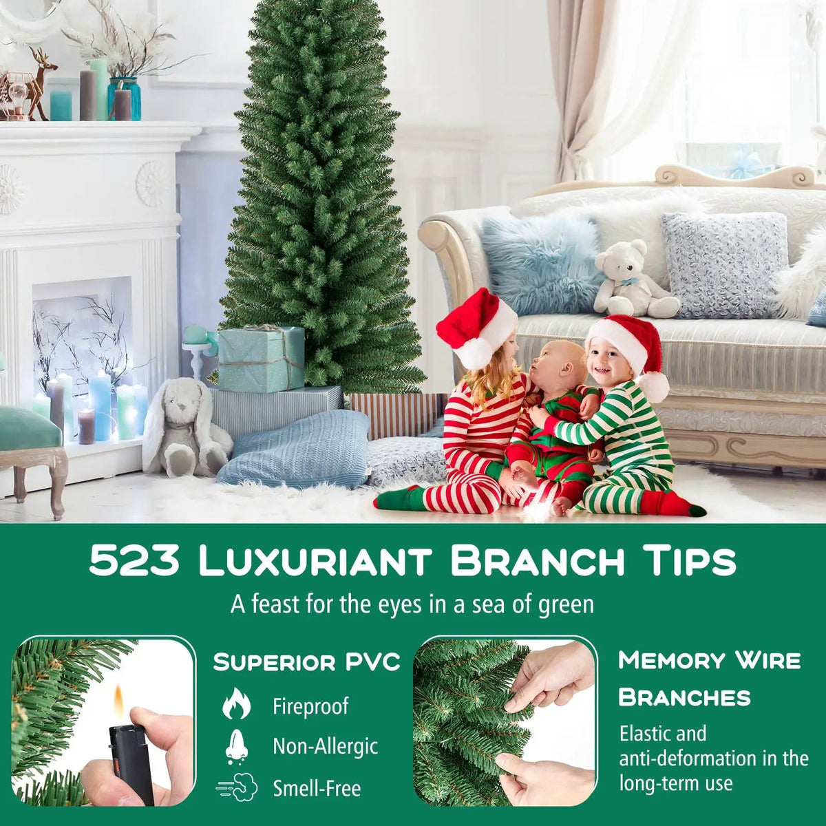 5/6/7/8 Feet Pencil Christmas Tree with 295/392/523/671 Memory Wire Branch Tips and Upgraded Metal Stand by DirectDeals
