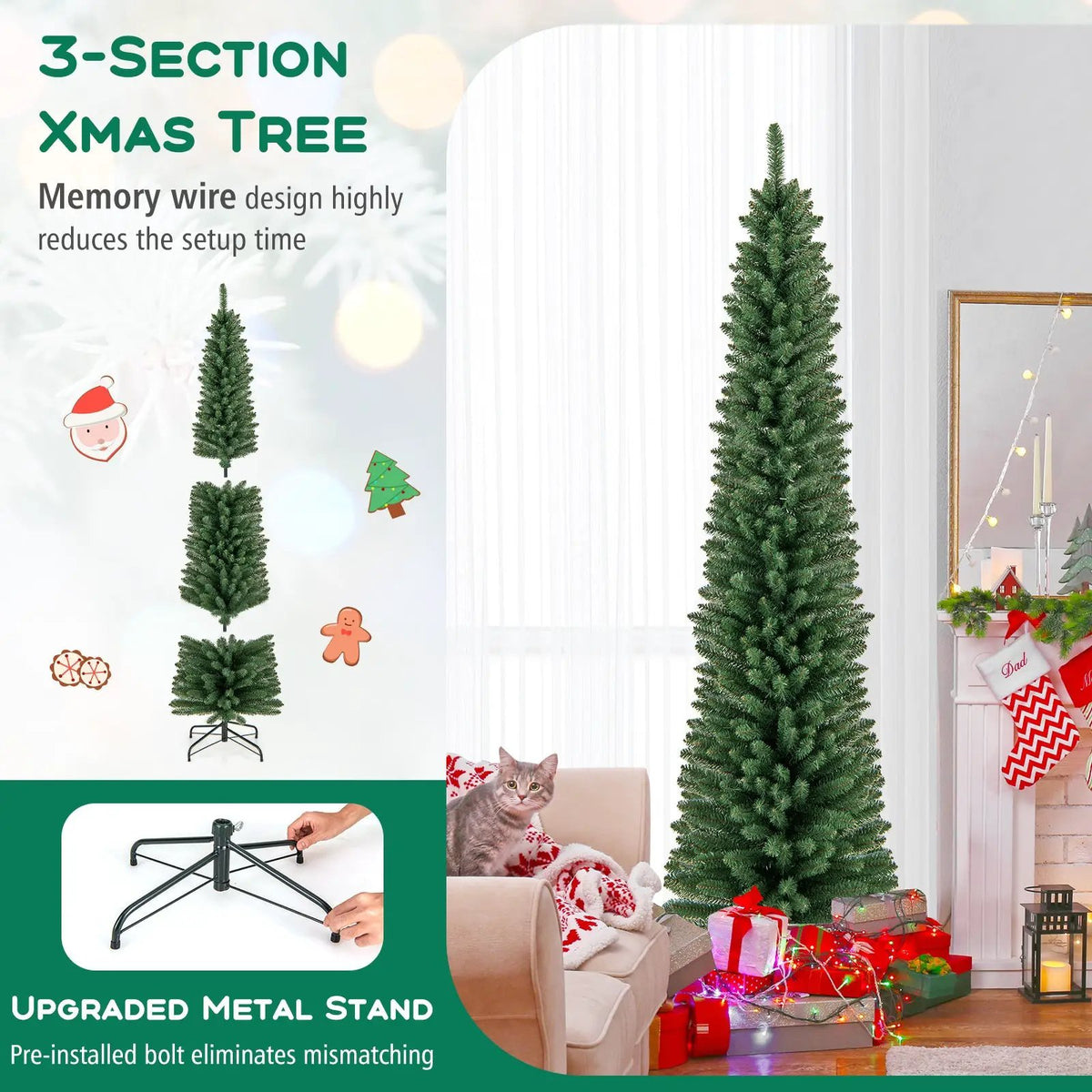 5/6/7/8 Feet Pencil Christmas Tree with 295/392/523/671 Memory Wire Branch Tips and Upgraded Metal Stand by DirectDeals