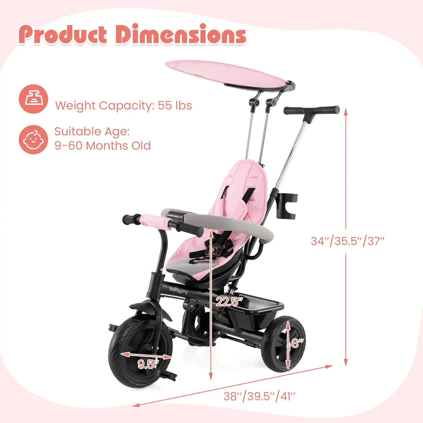 7-in-1 Baby Stroller Tricycle with Adjustable Canopy and Foldable Footrests for Ages 9-60 Months Old by DirectDeals