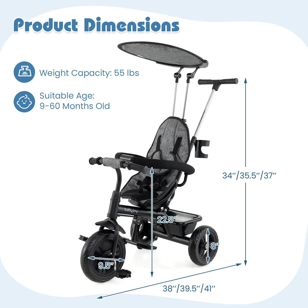 7-in-1 Baby Stroller Tricycle with Adjustable Canopy and Foldable Footrests for Ages 9-60 Months Old by DirectDeals