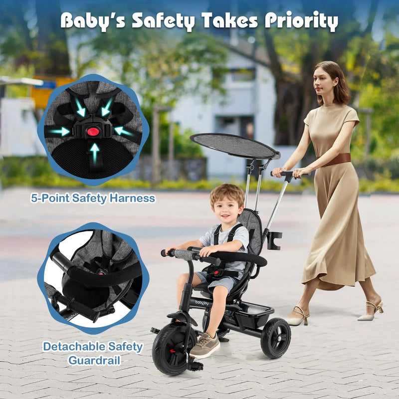 7-in-1 Baby Stroller Tricycle with Adjustable Canopy and Foldable Footrests for Ages 9-60 Months Old by DirectDeals