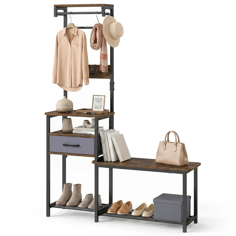 Hall Tree with Shoe Bench and Storage Hooks - Rustic Brown by DirectDeals