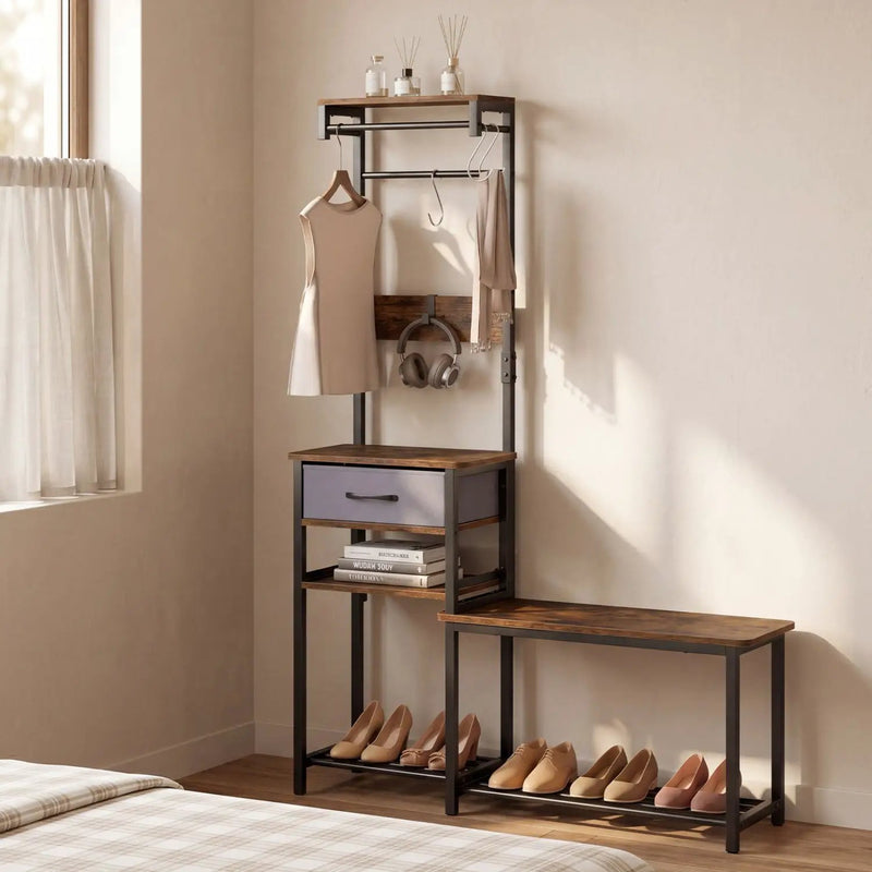 Hall Tree with Shoe Bench and Storage Hooks - Rustic Brown by DirectDeals