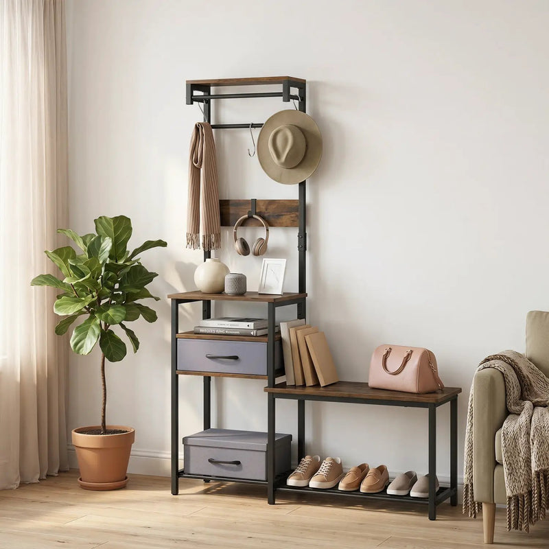 Hall Tree with Shoe Bench and Storage Hooks - Rustic Brown by DirectDeals