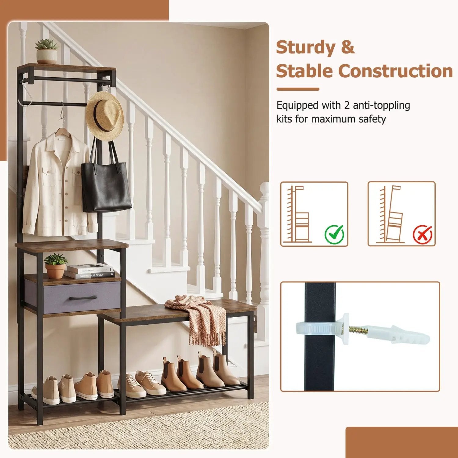 Hall Tree with Shoe Bench and Storage Hooks - Rustic Brown by DirectDeals
