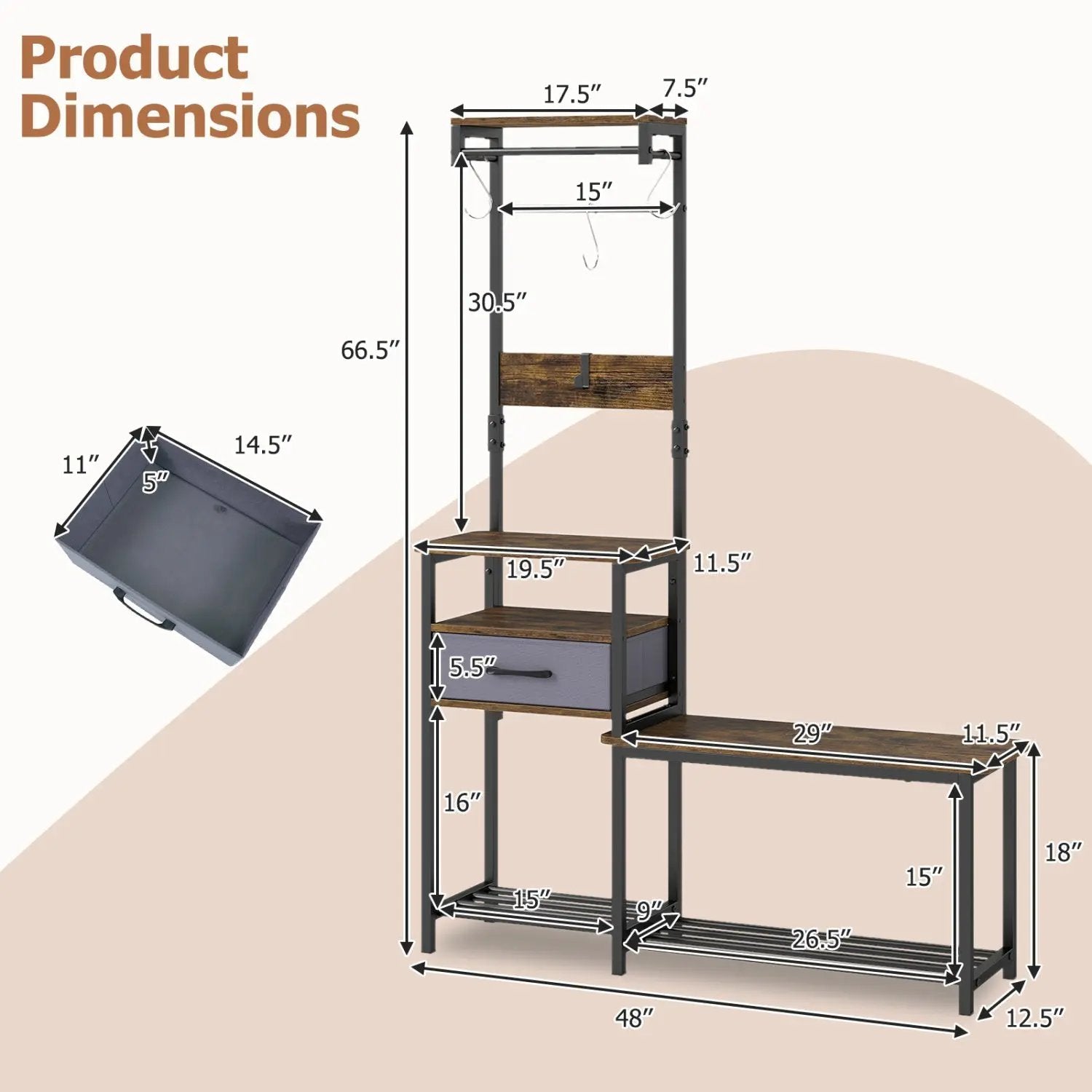 Hall Tree with Shoe Bench and Storage Hooks - Rustic Brown by DirectDeals