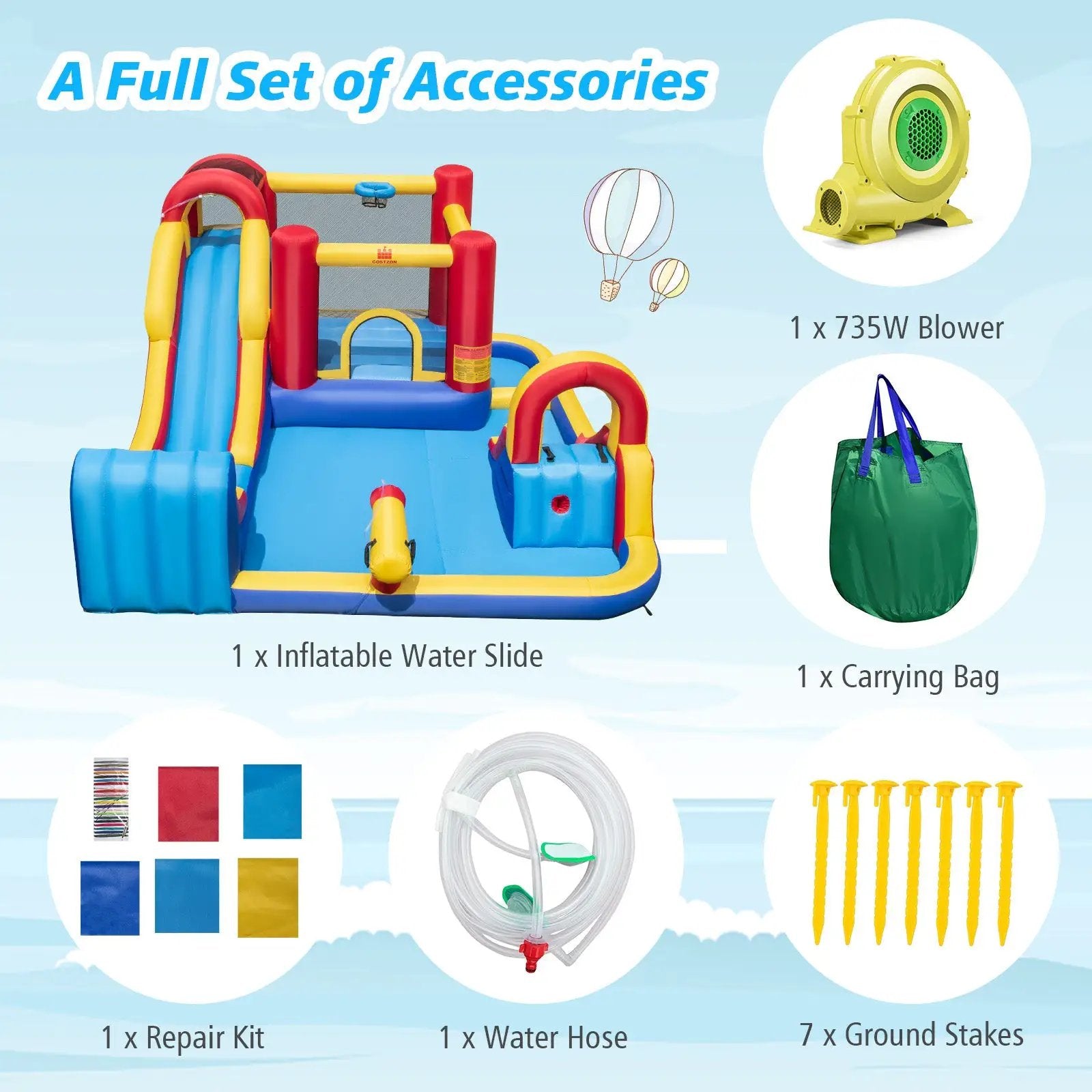7 in 1 Outdoor Inflatable Bounce House with Water Slides and Splash Pools with 735W Blower by DirectDeals