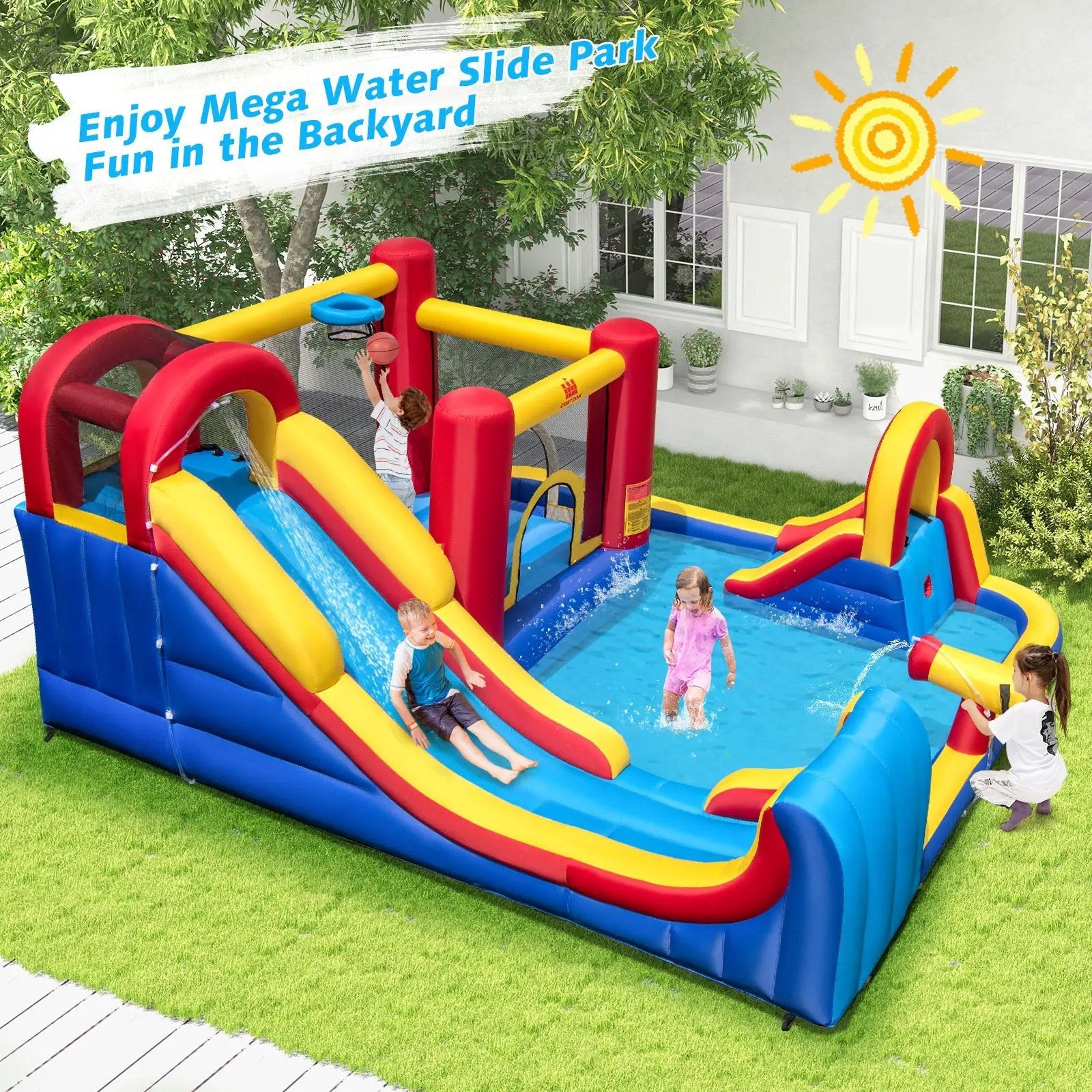 7 in 1 Outdoor Inflatable Bounce House with Water Slides and Splash Pools with 950W Blower by DirectDeals