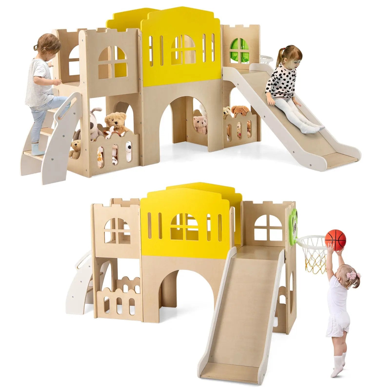7-in-1 Toddler Slide Set for Kids with Climber and Basketball Hoop-Multicolor by DirectDeals