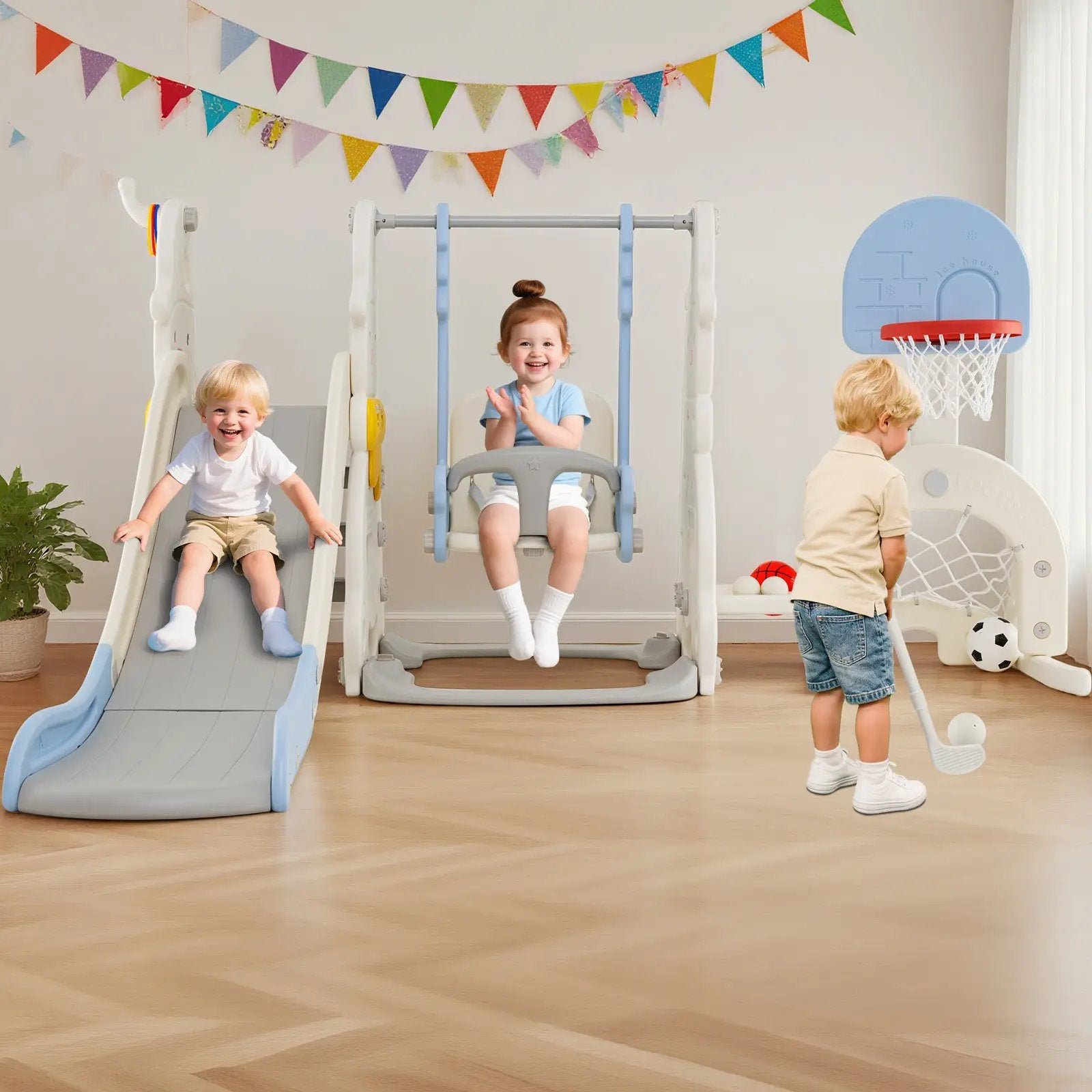 7 in 1 Toddler Slide and Swing Set with Height Adjustable Swing and Basketball Hoop by DirectDeals