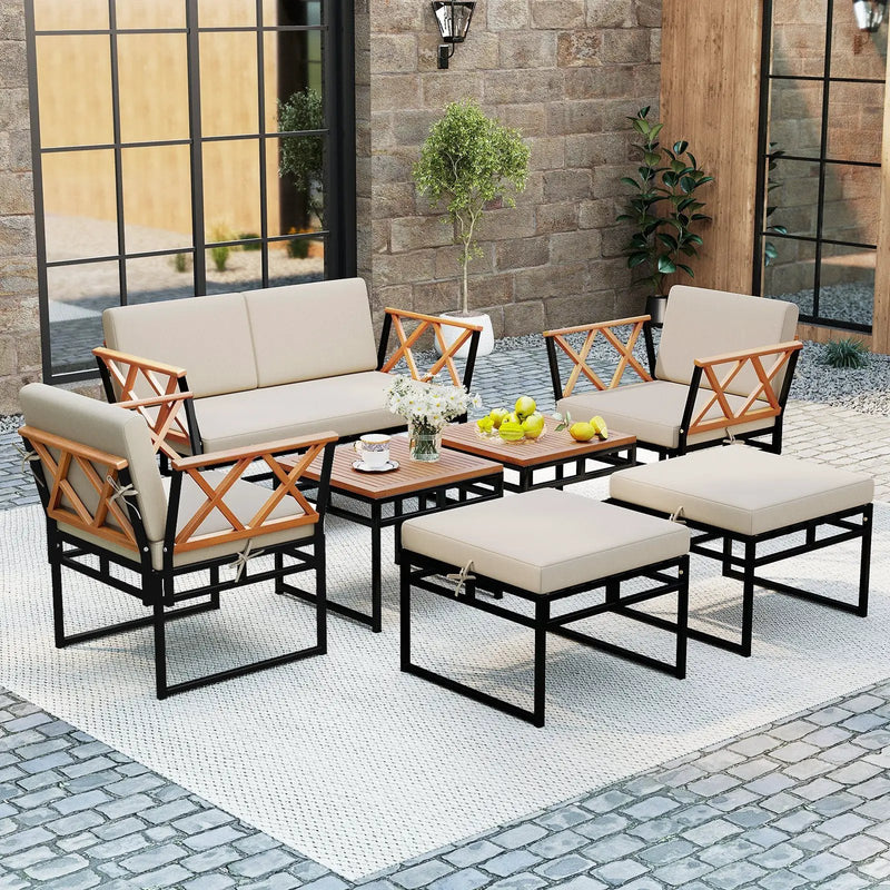 7 Piece Outdoor Conversation Set with Cushions and Bungee Rope Seat-Beige by DirectDeals
