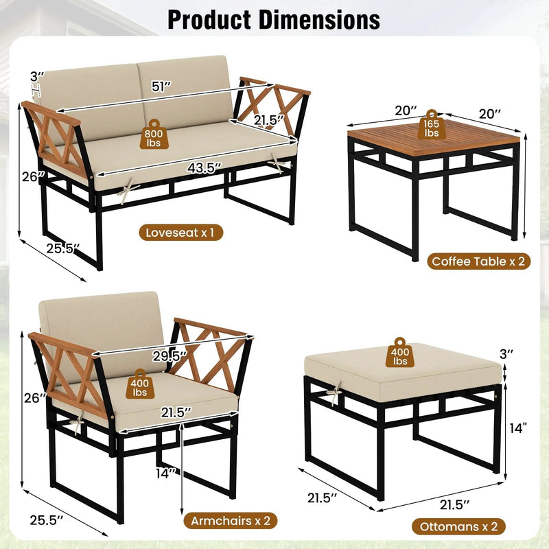 7 Piece Outdoor Conversation Set with Cushions and Bungee Rope Seat-Beige by DirectDeals