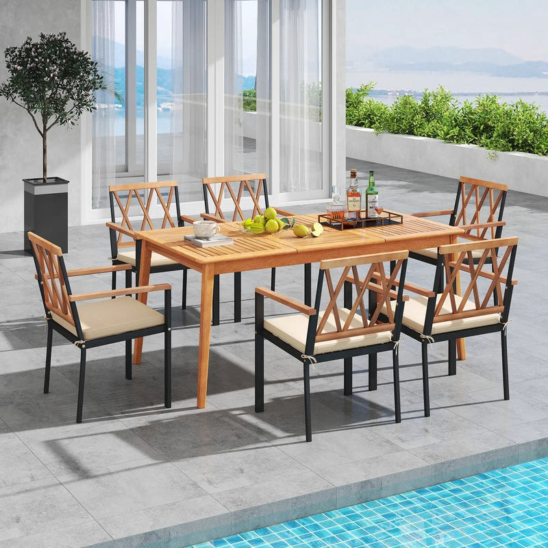 7 Piece Patio Acacia Wood Dining Set Solid Wooden Dining Furniture with Umbrella Hole by DirectDeals