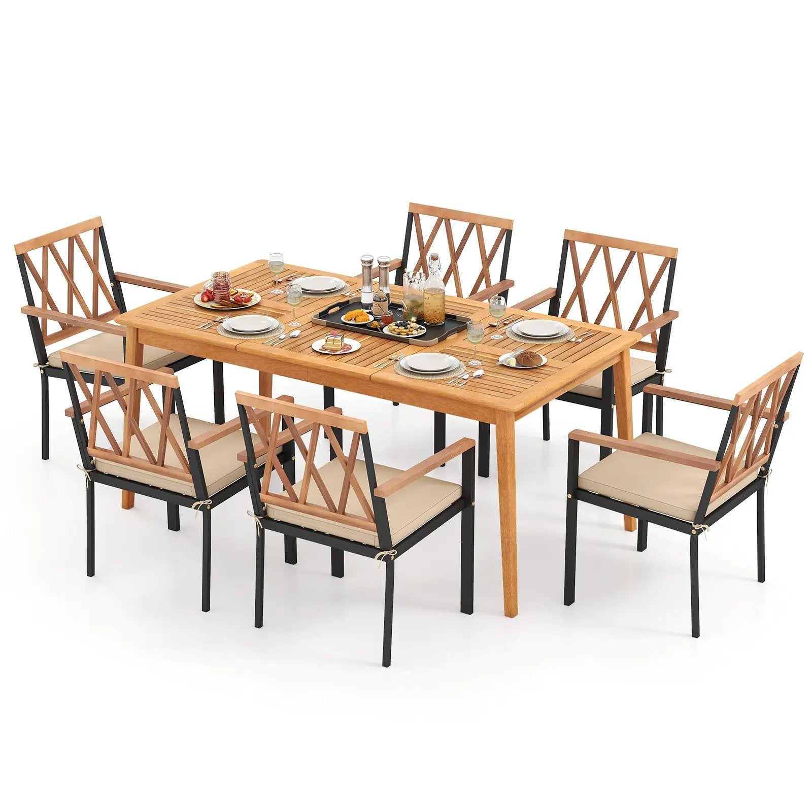 7 Piece Patio Acacia Wood Dining Set Solid Wooden Dining Furniture with Umbrella Hole by DirectDeals